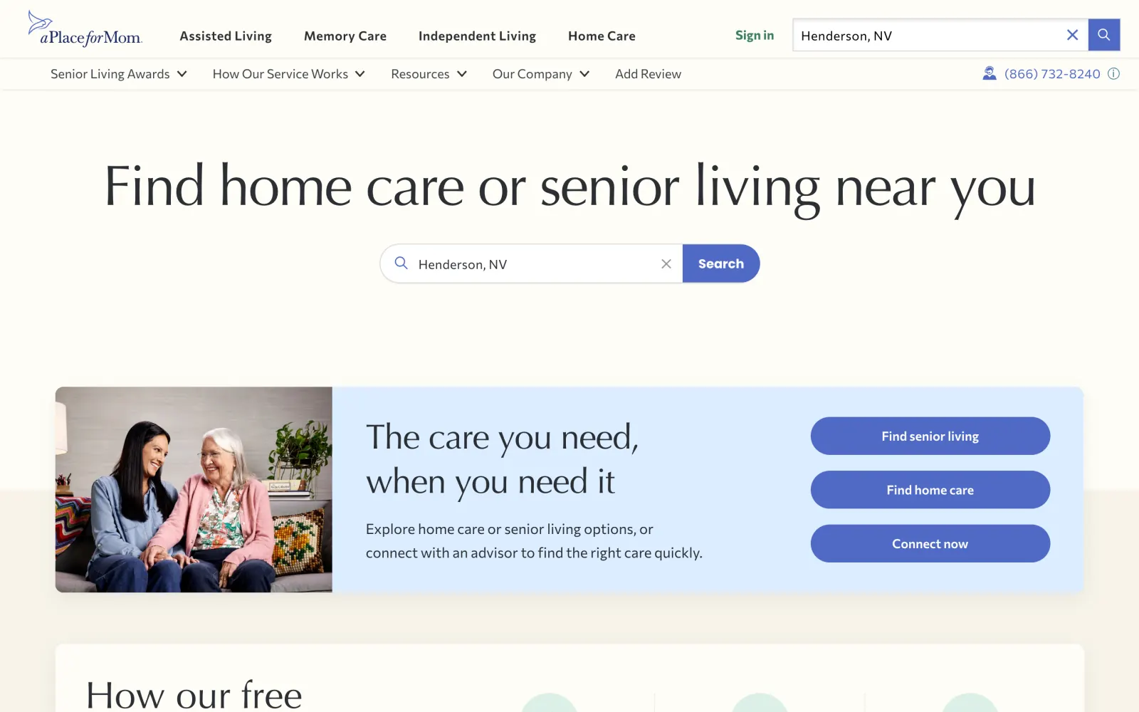 A Place for Mom homepage hero with the headline "Find home care or senior living near you" and a location search box