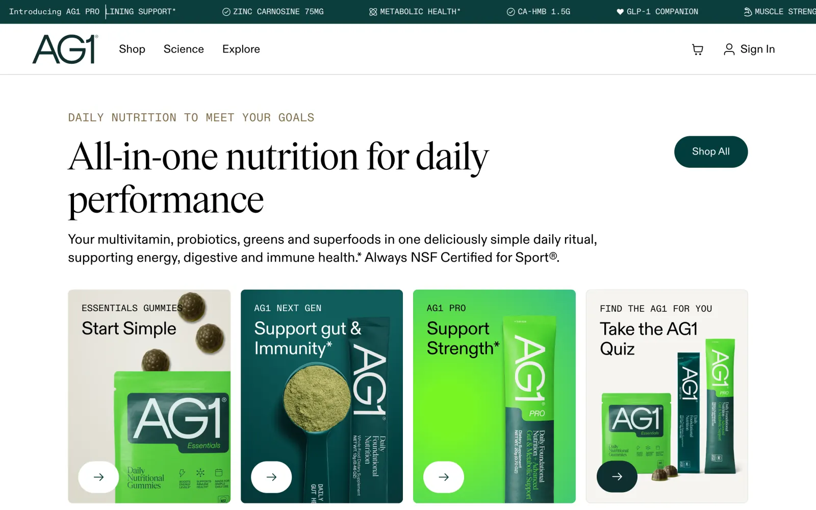 AG1 homepage hero with the headline "All-in-one nutrition for daily performance" above four product tiles