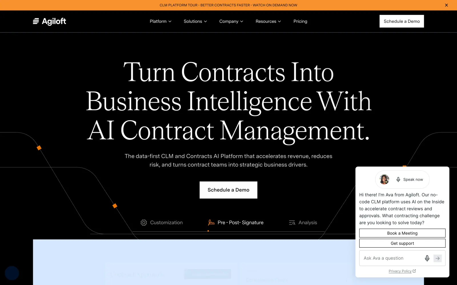 Agiloft homepage hero on a dark background with the headline "Turn Contracts Into Business Intelligence With AI Contract Management" and a "Schedule a Demo" button