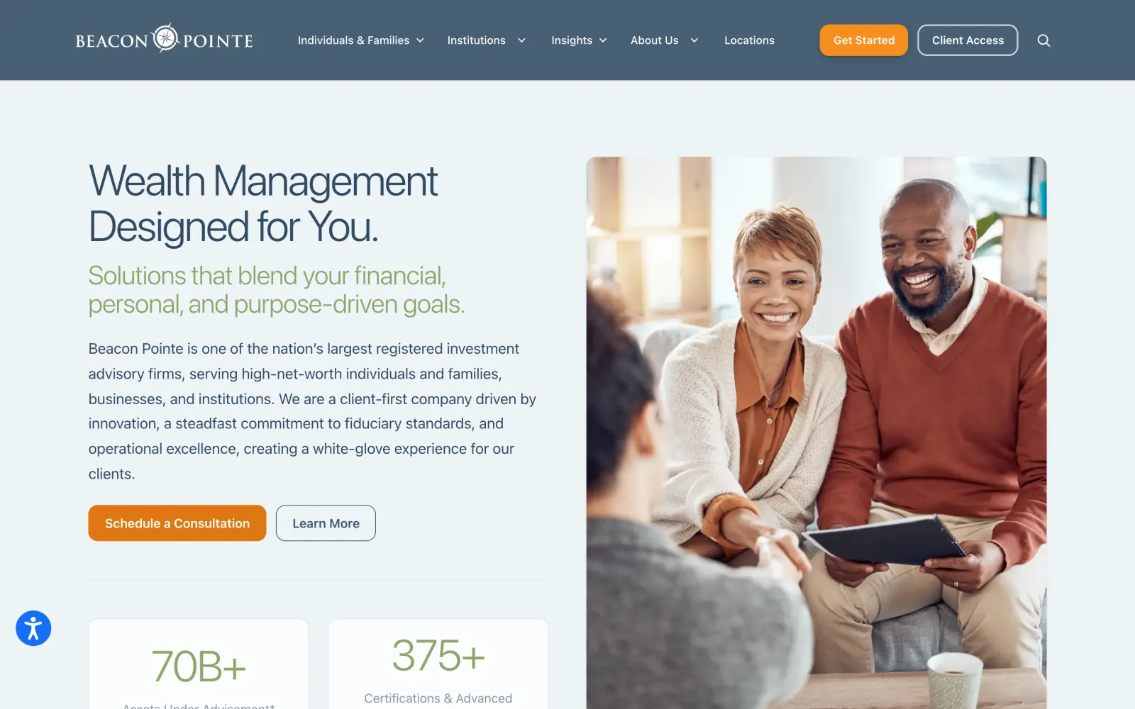 Beacon Pointe Advisors homepage hero with the headline "Wealth Management Designed for You," a photo of clients and a "Schedule a Consultation" button