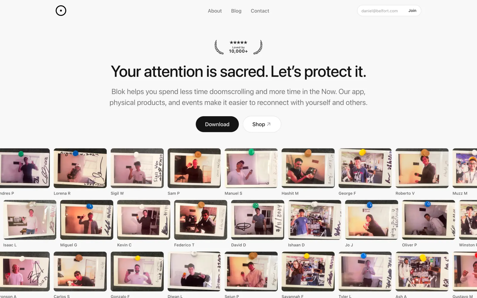 Blok homepage hero with the headline "Your attention is sacred. Let's protect it." above a grid of customer photos
