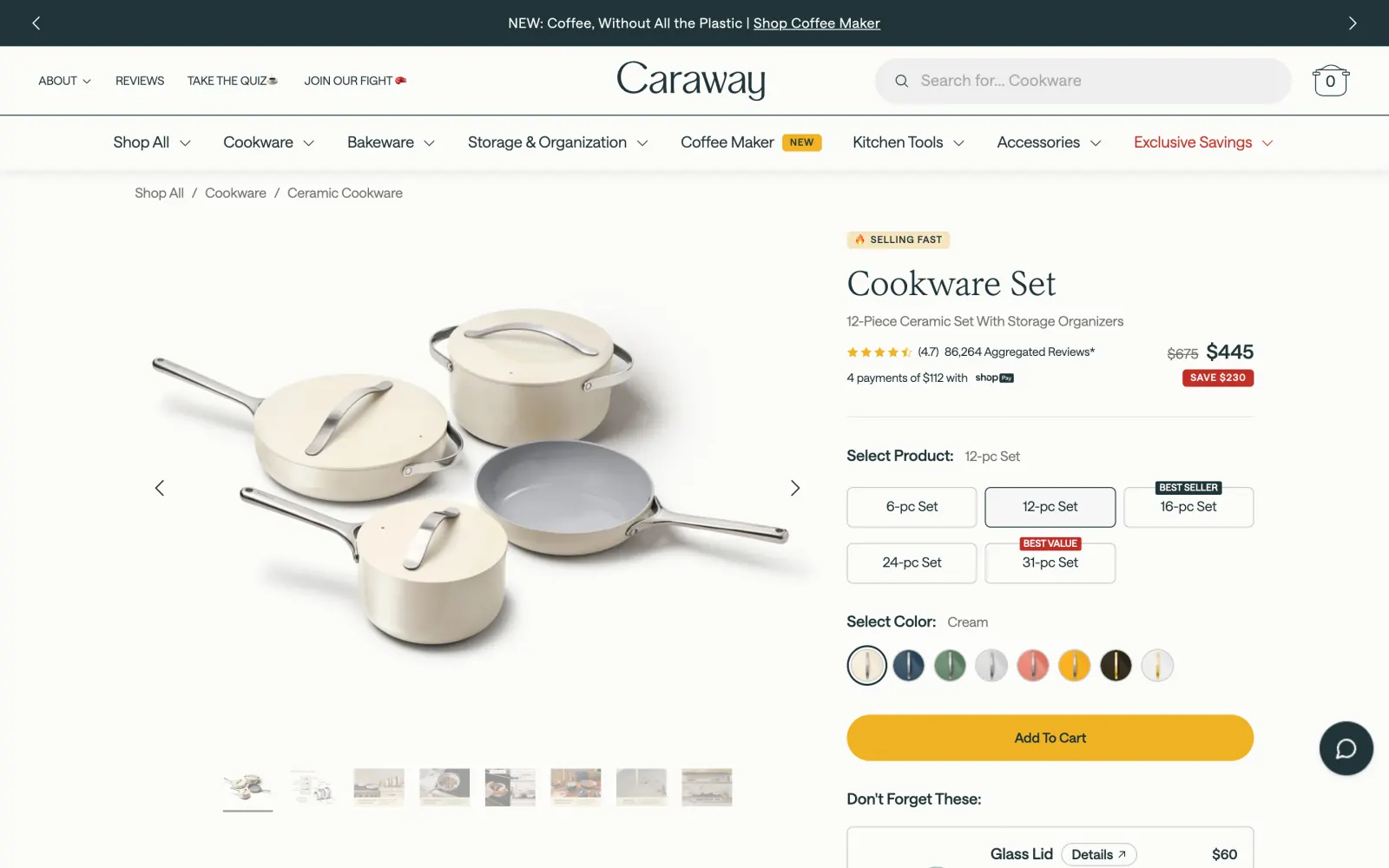 Caraway cookware set product page with a cream ceramic cookware set, star rating, sale price and set size options