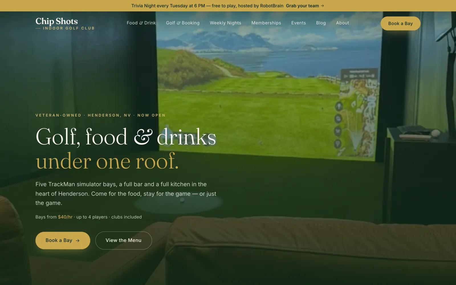 Chip Shots indoor golf club homepage hero with a golf simulator bay and the headline "Golf, food & drinks under one roof"