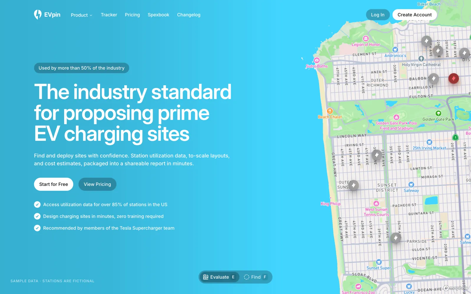 EVpin homepage hero with the headline "The industry standard for proposing prime EV charging sites," whose verb rotates, over a map of charging locations