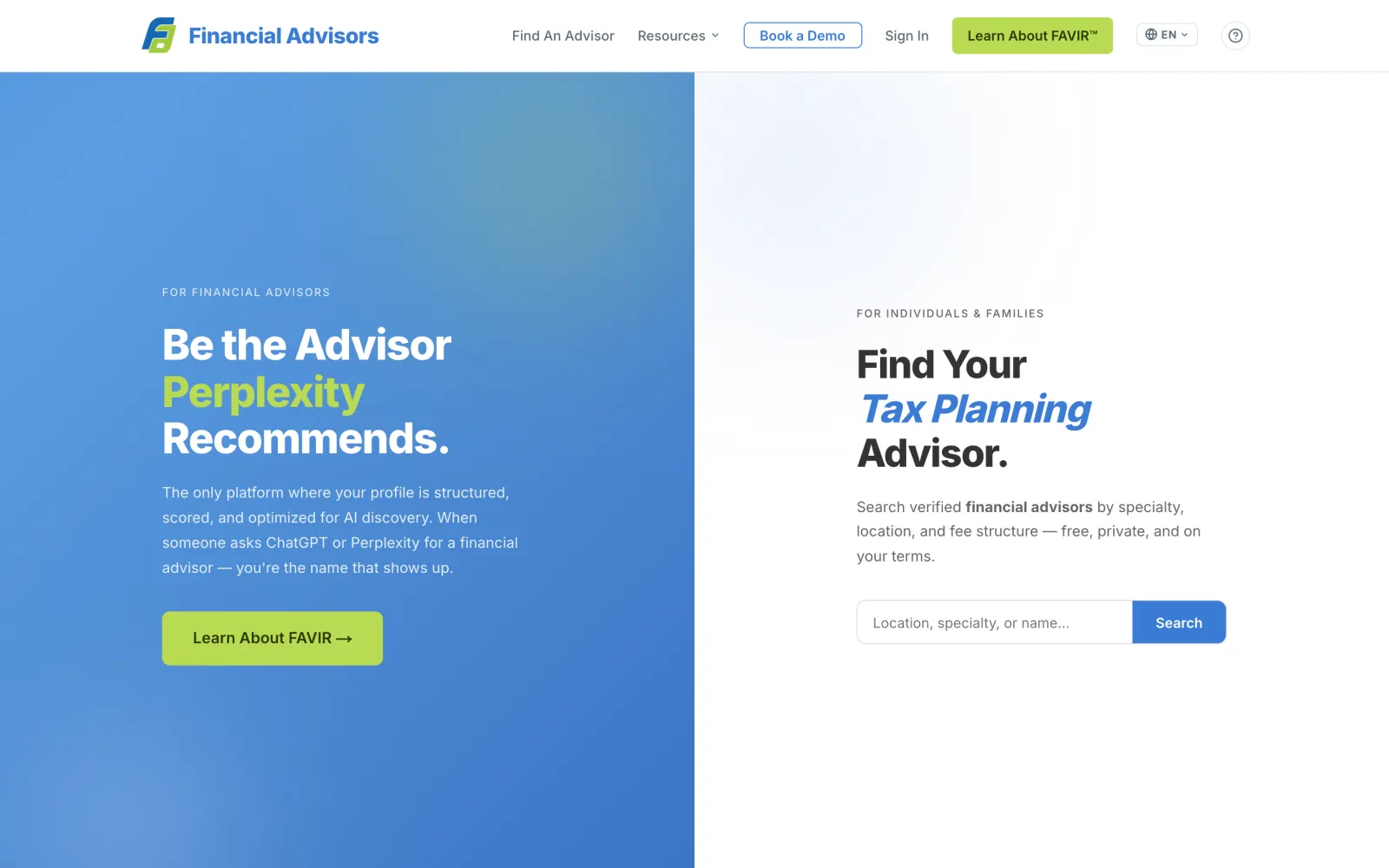 FinancialAdvisors.com homepage hero with "Be the Advisor Perplexity Recommends" for advisors on the left and an advisor search for consumers on the right