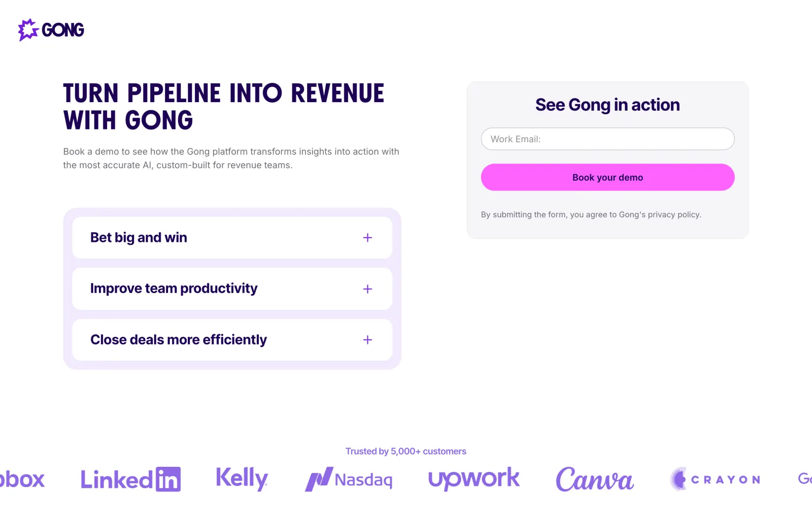 Gong demo request page with the headline "Turn pipeline into revenue with Gong," a demo form and a row of customer logos