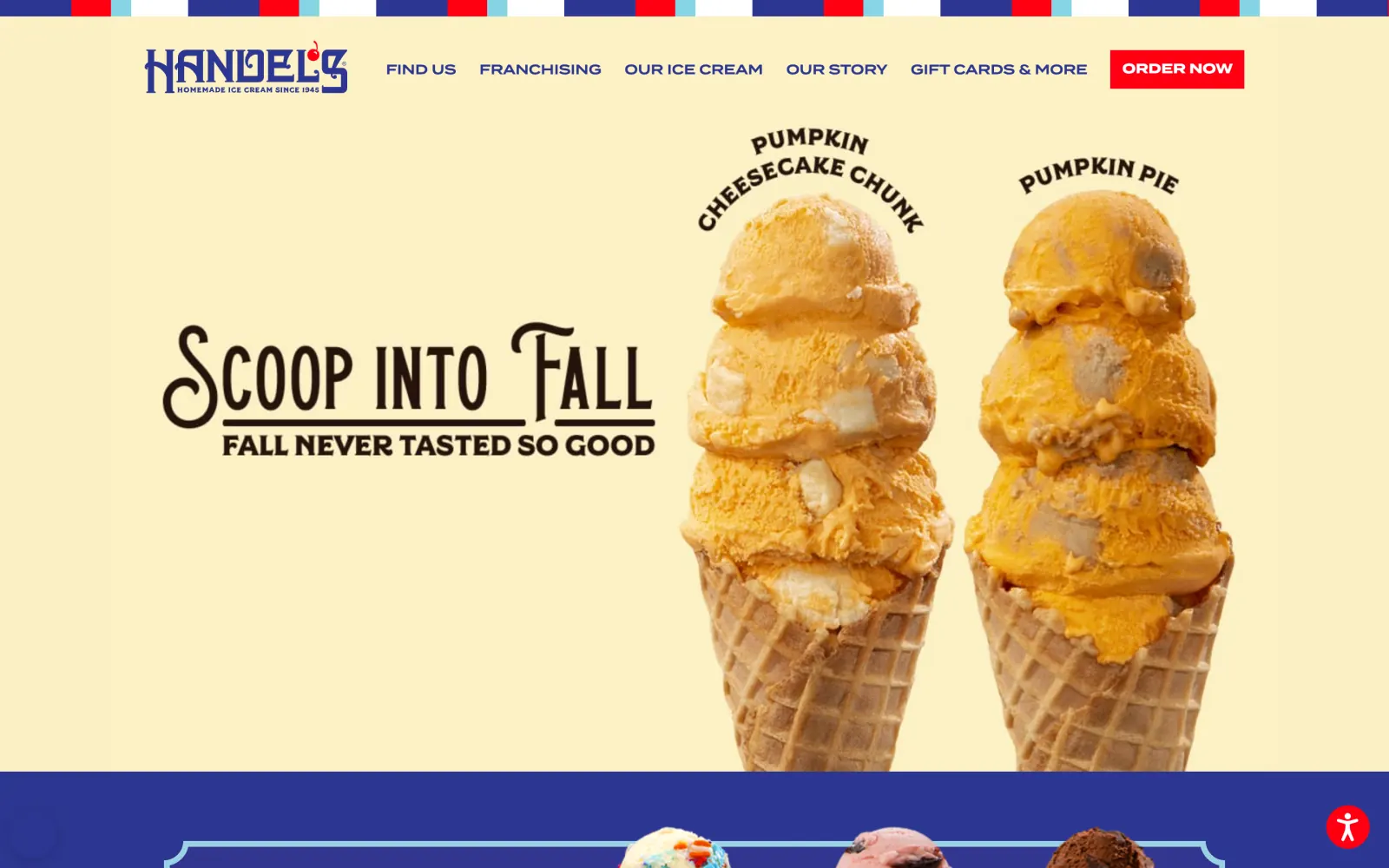 Handel's Homemade Ice Cream homepage hero showing a seasonal "Scoop into Fall" banner with pumpkin ice cream cones