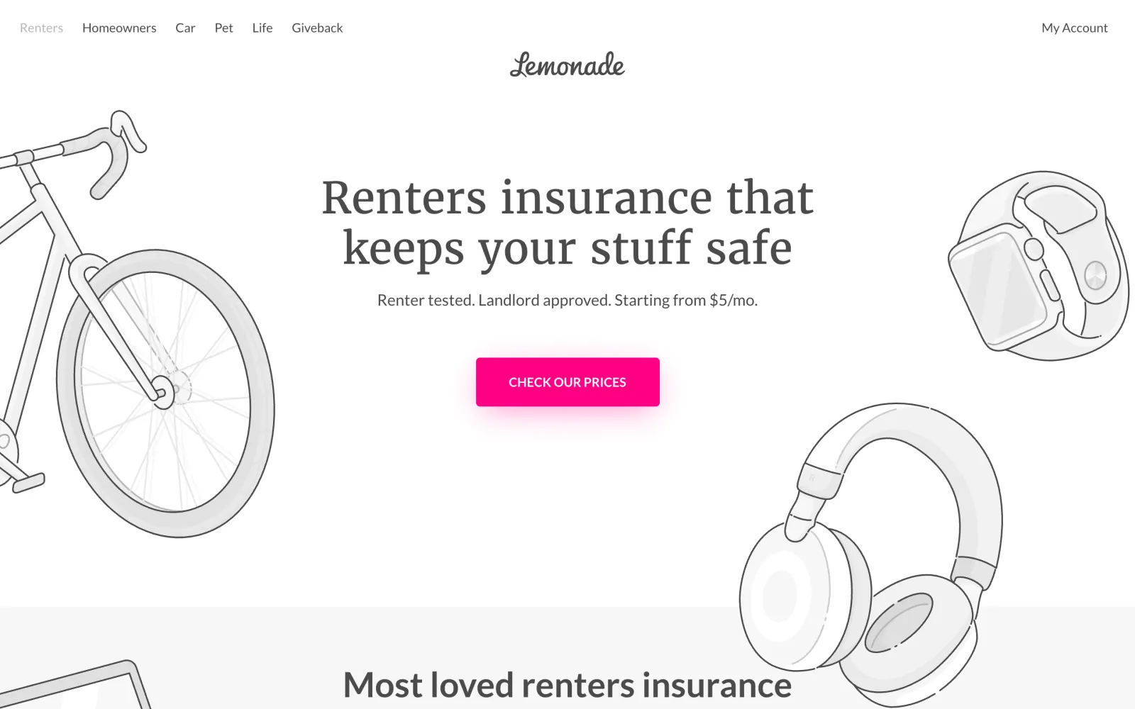 Lemonade renters insurance page hero with the headline "Renters insurance that keeps your stuff safe," line drawings of a bike and headphones, and a pink "Check our prices" button