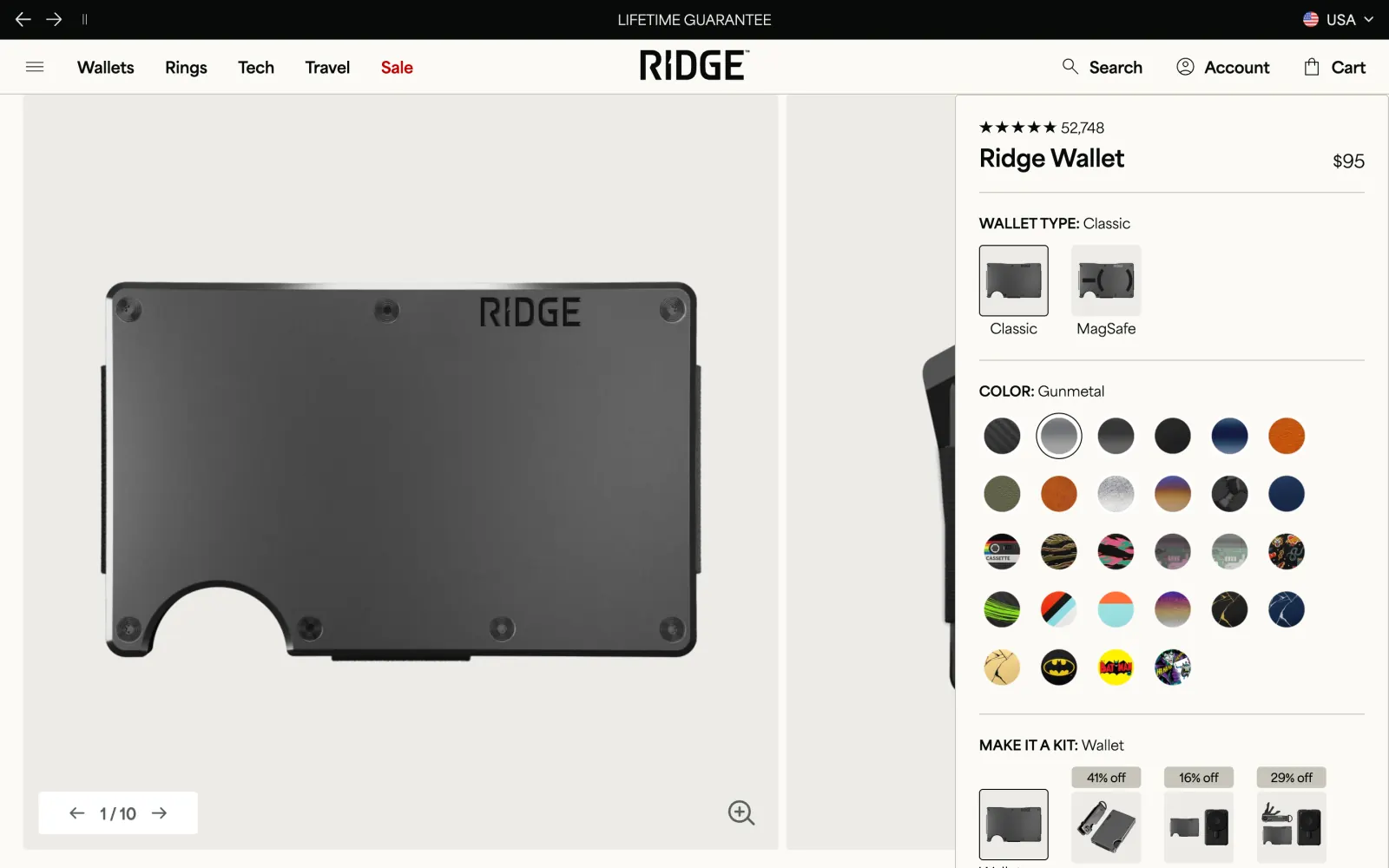 Ridge Wallet product page with a gunmetal aluminum wallet, star rating, $95 price and color options