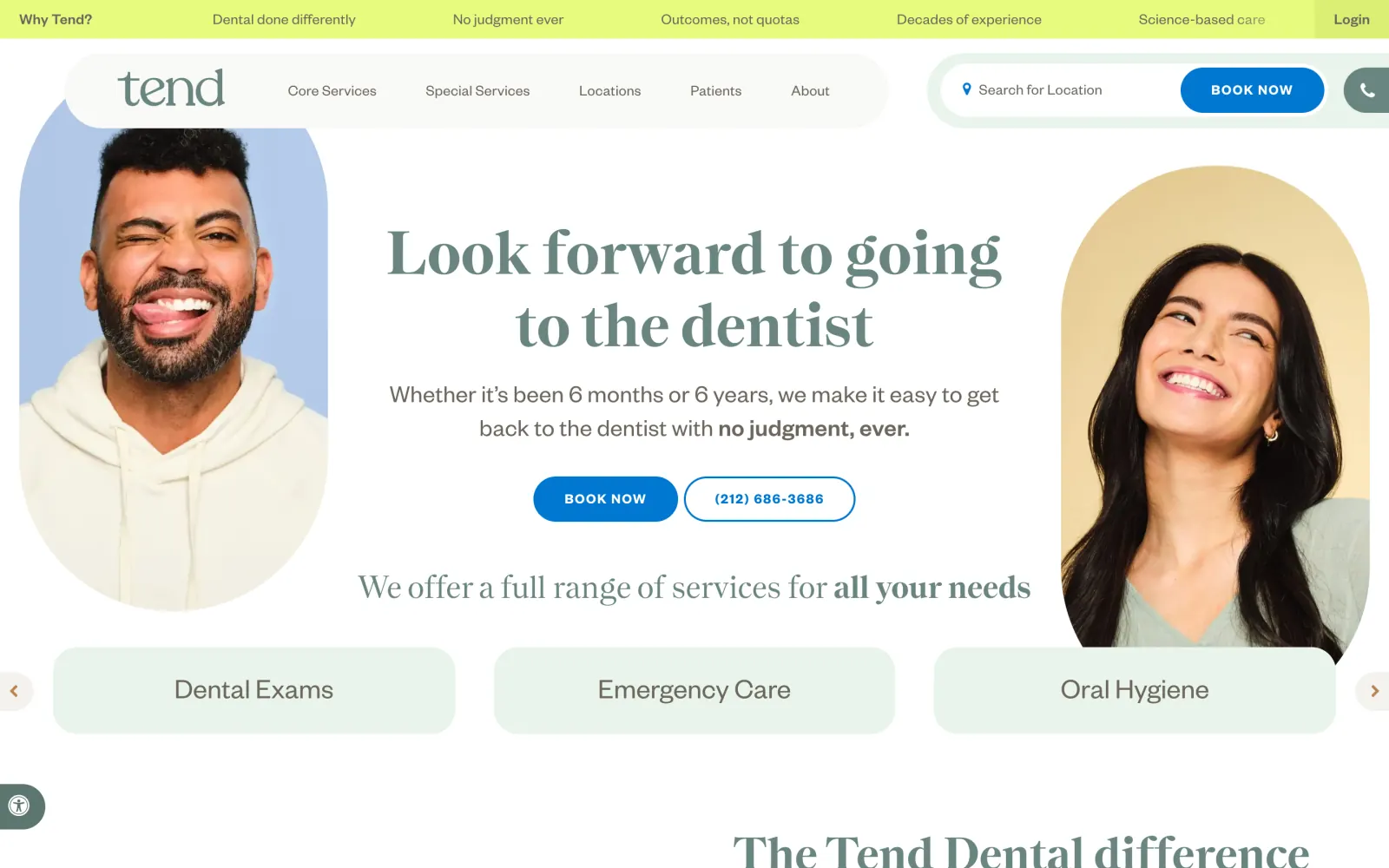 Tend Dental homepage hero with the headline "Look forward to going to the dentist," smiling patients and a "Book now" button