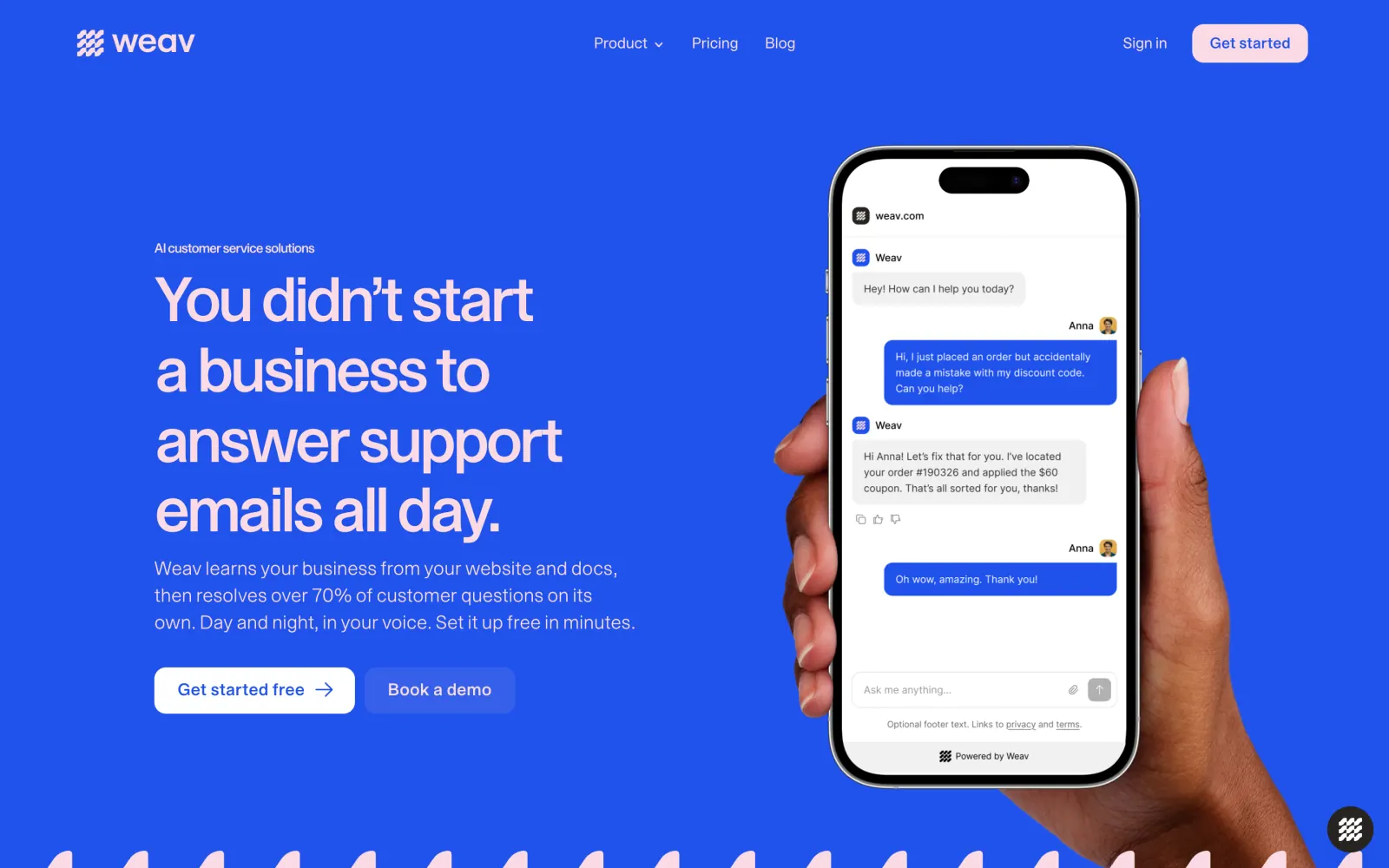 Weav homepage hero on a bright blue background with the headline "You didn't start a business to answer support emails all day" and a phone showing a support chat