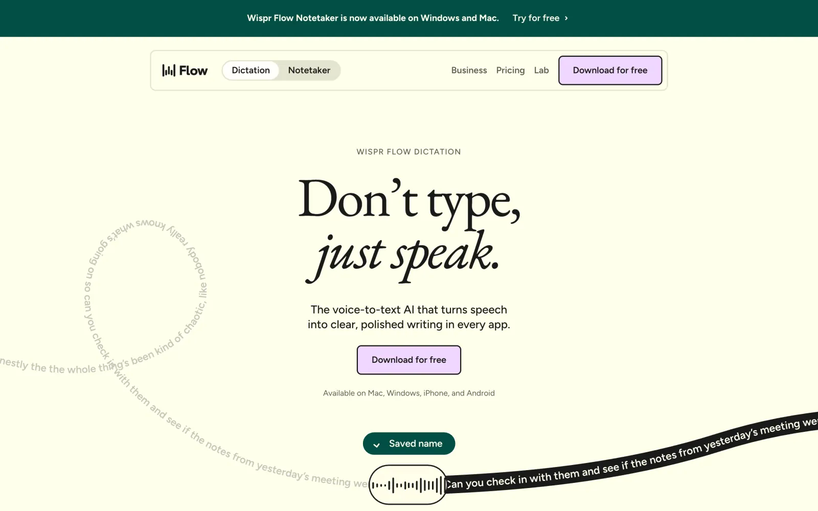Wispr Flow homepage hero with the headline "Don't type, just speak" on a cream background and a "Download for free" button